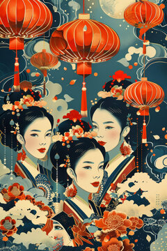 身穿漢服的中國(guó)女性與紅燈籠插圖