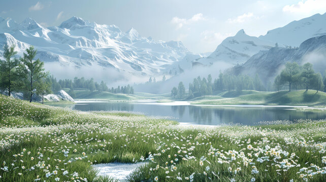 壯美雪山湖泊花海景觀