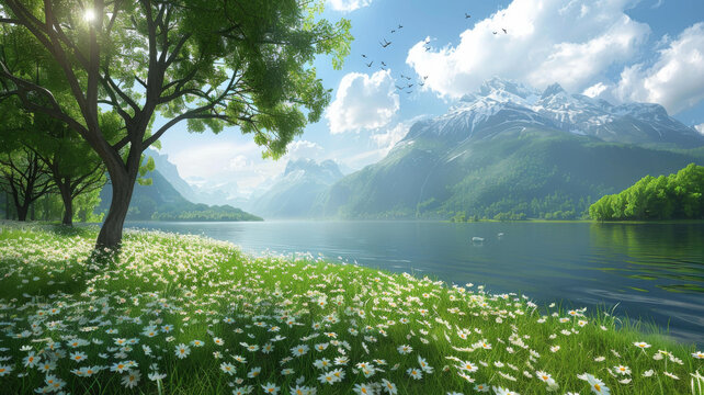 寧靜山湖與洋甘菊花田