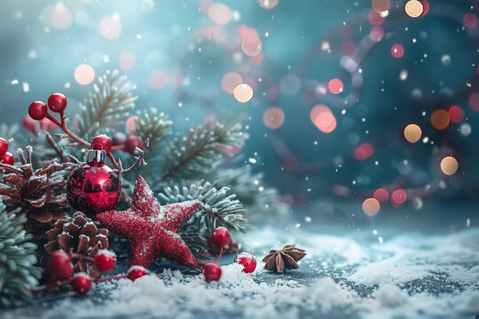 圣誕裝飾與紅色球星星和杉樹枝在雪地背景