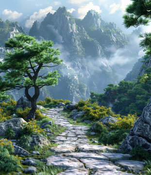 云霧繚繞山間的石板小路