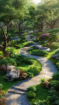 蜿蜒小路穿過郁郁蔥蔥的綠色花園