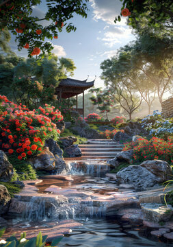 "亭臺樓閣,小橋流水,奇石假山,紅花綠樹"