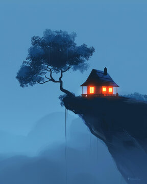 懸崖小屋的AI圖片