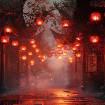 紅燈籠與櫻花樹的夜色