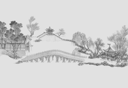 意境山水小橋新中式背景壁畫