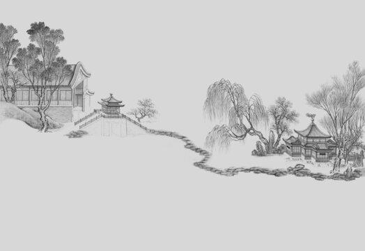 小橋流水意境山水畫