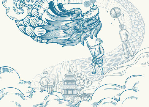 線描手繪舞龍創(chuàng)意插畫