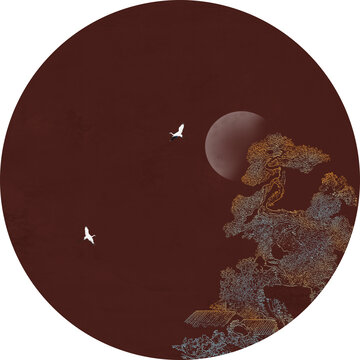 中式圓形國(guó)畫(huà)線(xiàn)描山水描金山水畫(huà)