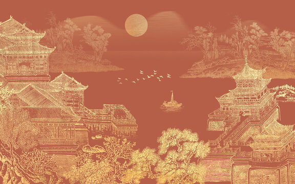 金色樓閣山水畫背景墻