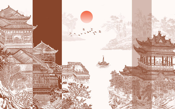 新中式山水樓閣背景