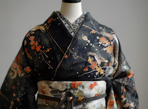 一件黑色帶花卉圖案和橙色襯里的和服