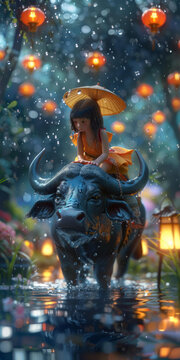 女孩騎水牛漫步雨中插圖