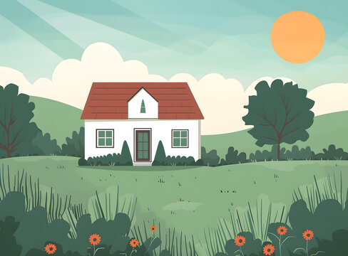 綠色草地上的白色小屋