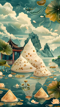 龍舟節(jié)粽子與龍的幻想場景