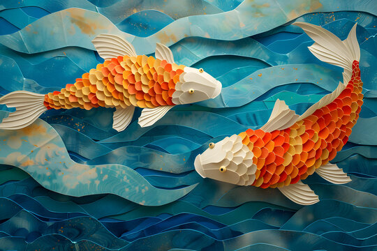 紙藝鯉魚在藍色水波中游動