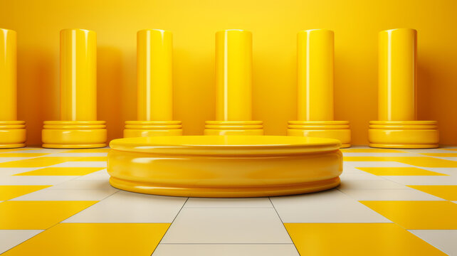 黃色棋盤格地板上的黃色圓柱和圓臺(tái)