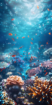 水下珊瑚礁魚群和氣泡