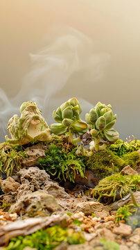綠色的多肉植物與苔蘚和石頭在自然環(huán)境中