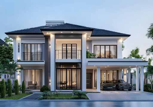 現(xiàn)代兩層帶車庫和陽臺的住宅