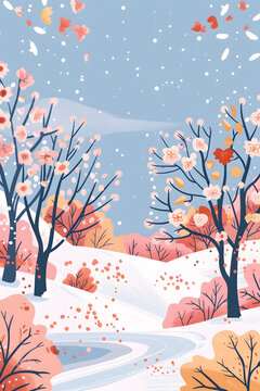 冬日雪景 粉紅花朵與雪景