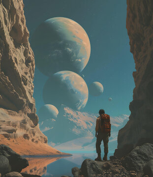 峽谷之中，孤獨(dú)旅者仰望多顆星球