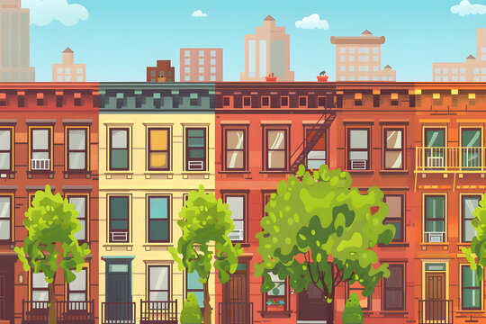 色彩鮮艷的城市街景，描繪了連排房屋和樹木
