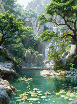 寧?kù)o的森林瀑布和池塘與樹木和巖石