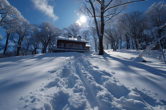 雪地小徑通往冬季小屋