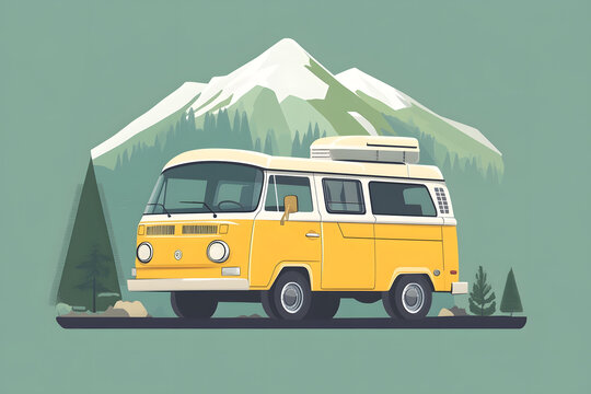 山脈前的黃色面包車