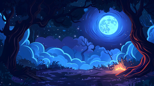 夜晚森林場景 滿月篝火