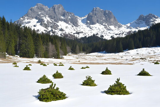 雪山風(fēng)景，松樹(shù)覆蓋雪地