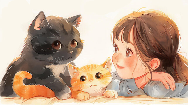 一個小女孩和兩只貓的插圖