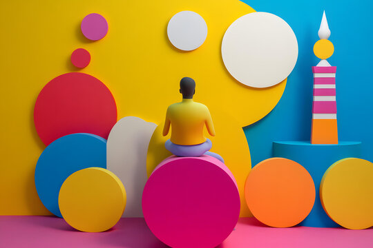 彩色幾何圖形背景下，人物坐在粉色圓形上的3D