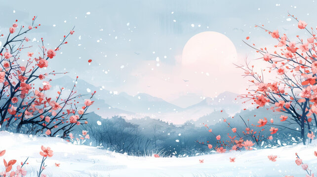 雪中盛開的櫻花和遠(yuǎn)山