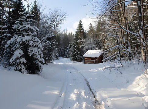 冬季雪景：森林小路通往木屋