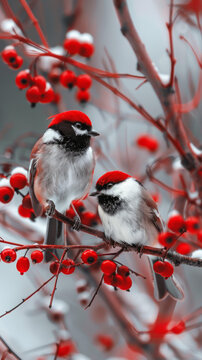 兩只鳥(niǎo)棲息在結(jié)滿紅漿果的樹(shù)枝上