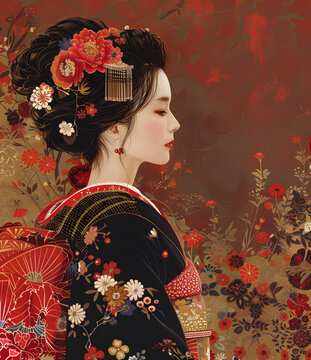 身穿印有花卉圖案的和服、頭戴紅色扇子的日本女性插圖