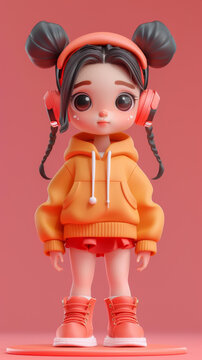 一個(gè)戴著耳機(jī)可愛(ài)女孩的模型