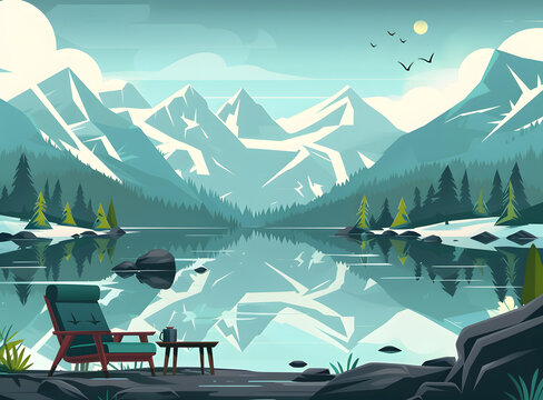 山湖風景 椅子 桌子