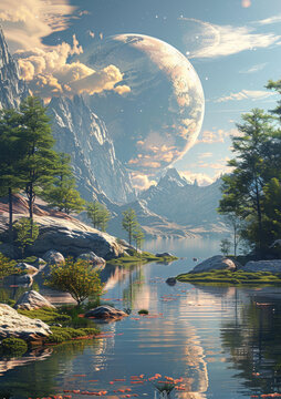 奇幻的風(fēng)景巨大的月亮和遠處的山脈