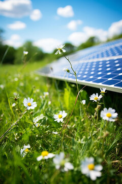 太陽能電池板在綠地上盛開著白色的花朵