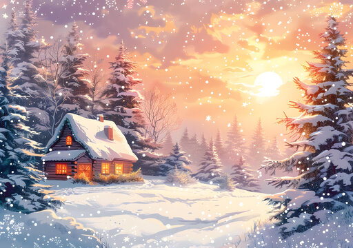冬日雪景中的小屋