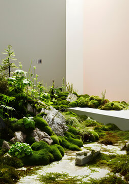 綠色的苔蘚景觀，石塊和墻壁