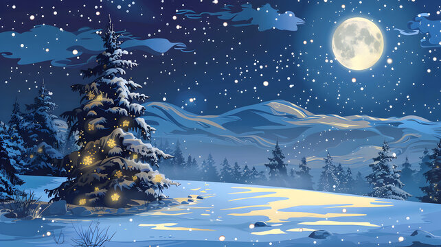 雪夜下的圣誕樹和滿月