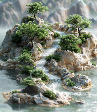 微縮景觀樹木和巖石與溪流