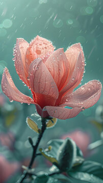 雨滴落在粉紅色的玉蘭花上
