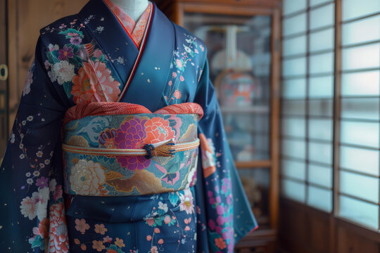 一件帶花卉圖案的和服和一條色彩鮮艷的腰帶