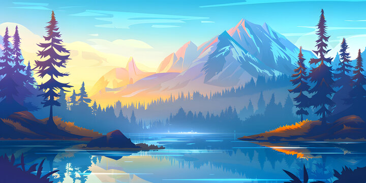 山間湖泊日落風景