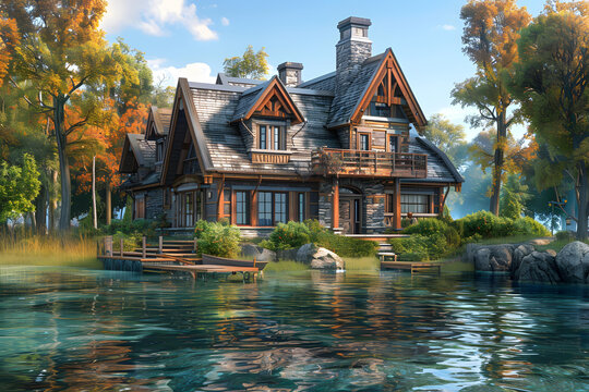 湖畔小屋的AI圖片